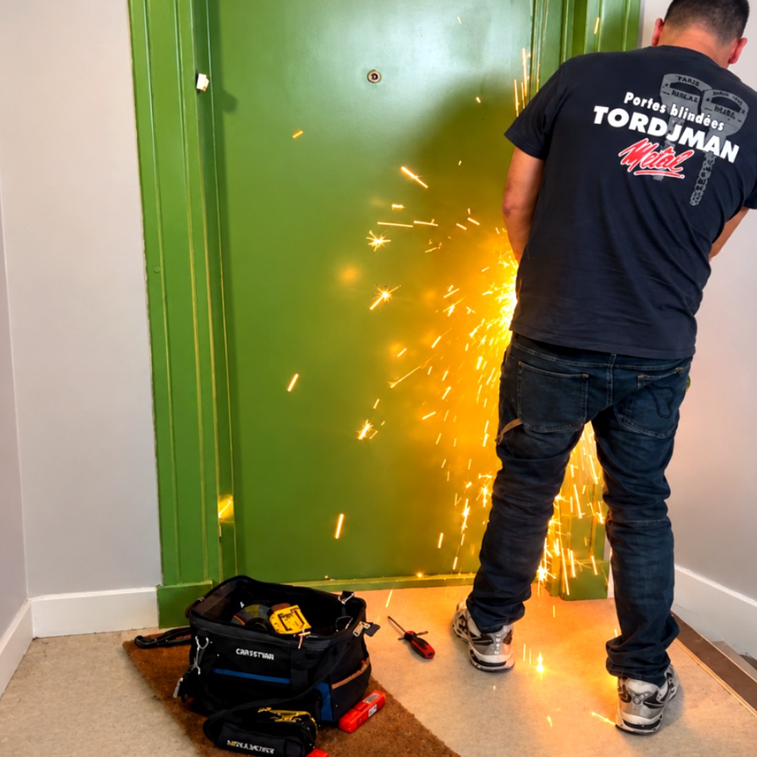 Serrurier cutting open a door during an emergency lock-out, sparks flying as the metal is cut